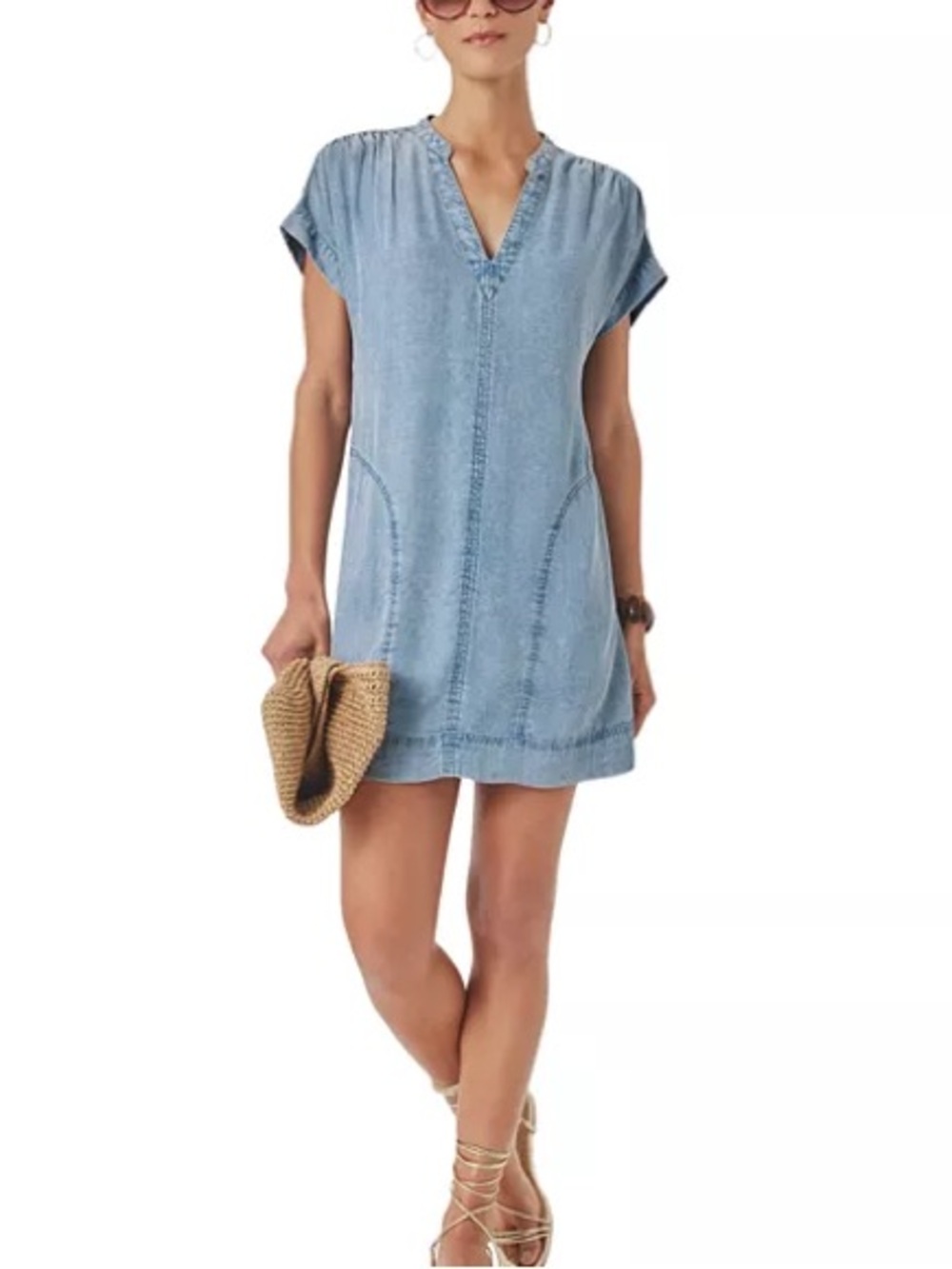 Splendid Ivy Indigo Denim Mini Shift Dress V Neck Cap Sleeve Size S